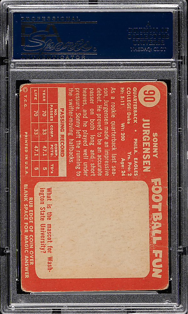 Signed 1958 Topps Football #90 Sonny Jurgensen Rookie PSA GOOD 2