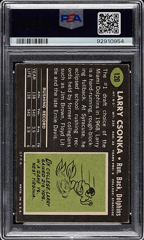 Signed 1969 Topps Football #120 Larry Csonka Rookie PSA/DNA MINT 9