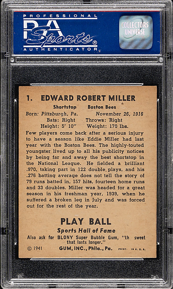 1941 R336 Play Ball #1 Eddie Miller PSA PSA EX-MT 6