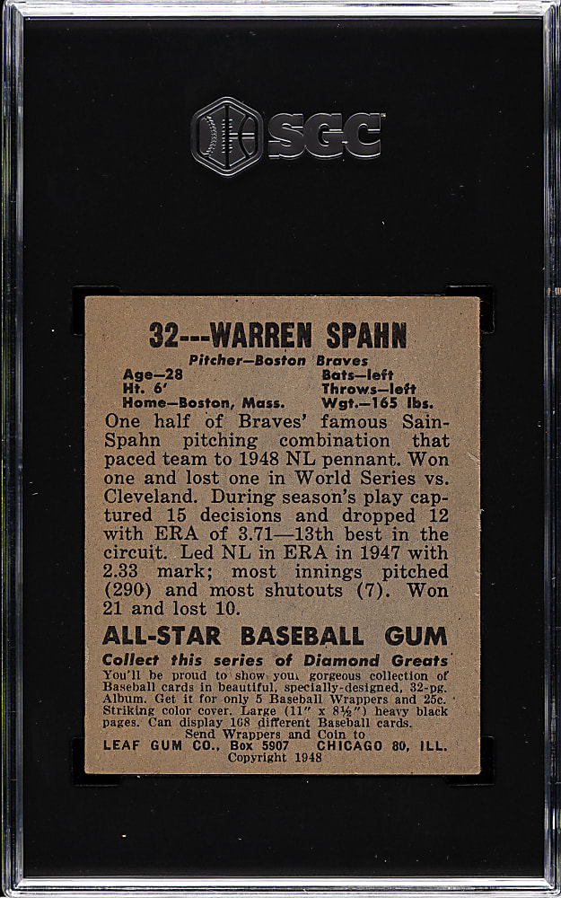 1948-1949 Leaf #32 Warren Spahn Rookie SGC EX+ 5.5