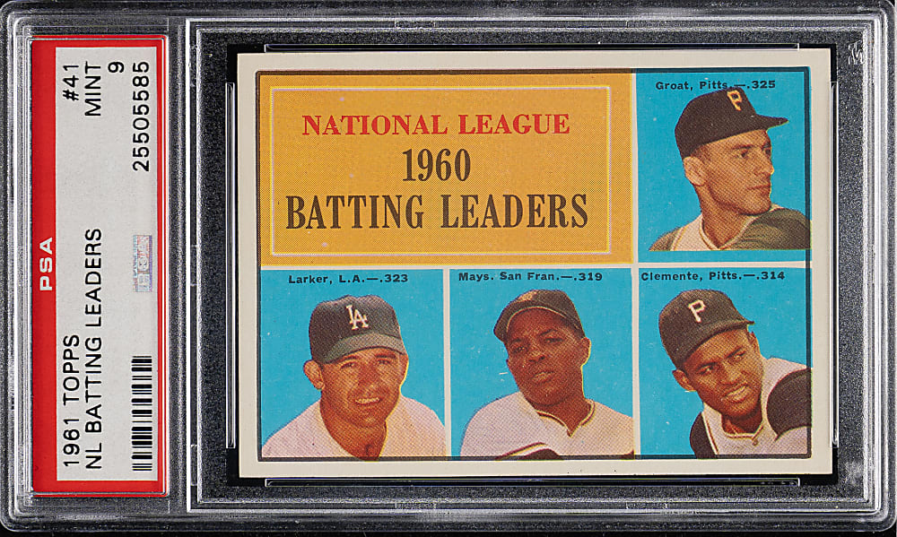 1961 Topps #41 NL Batting Leaders with Willie Mays and Roberto Clemente PSA MINT 9