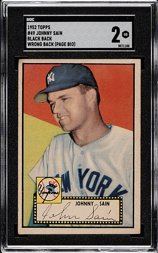 1952 Topps #49 Johnny Sain Incorrect Bio Black Back SGC GOOD 2
