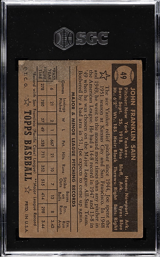 1952 Topps #49 Johnny Sain Incorrect Bio Black Back SGC GOOD 2