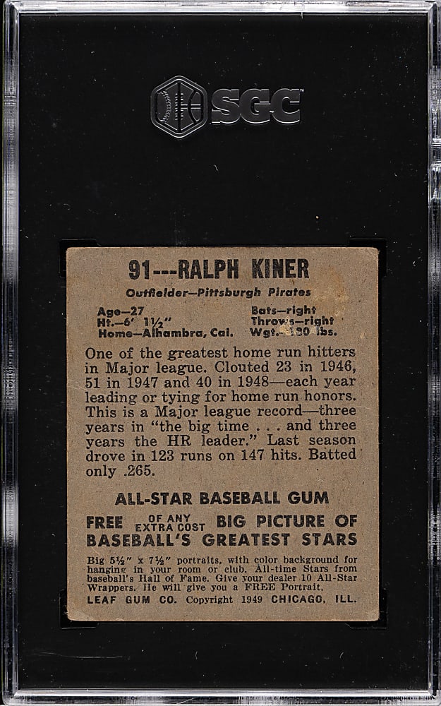 1948-1949 Leaf #91 Ralph Kiner Rookie SGC GOOD+ 2.5