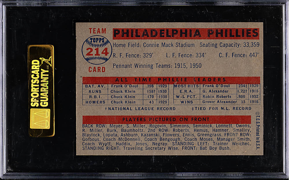 1957 Topps #214 Philadelphia Phillies Team SGC MINT 96