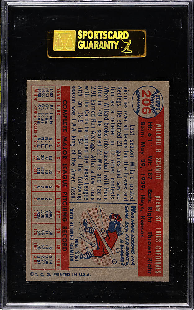 1957 Topps #206 Willard Schmidt SGC NM/MT+ 92