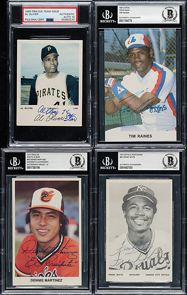 Signed 1969 to 1981 Team Issue Postcards and Picture Pack Collection (4): Al Oliver, Frank White, Dennis Martinez, and Tim Raines