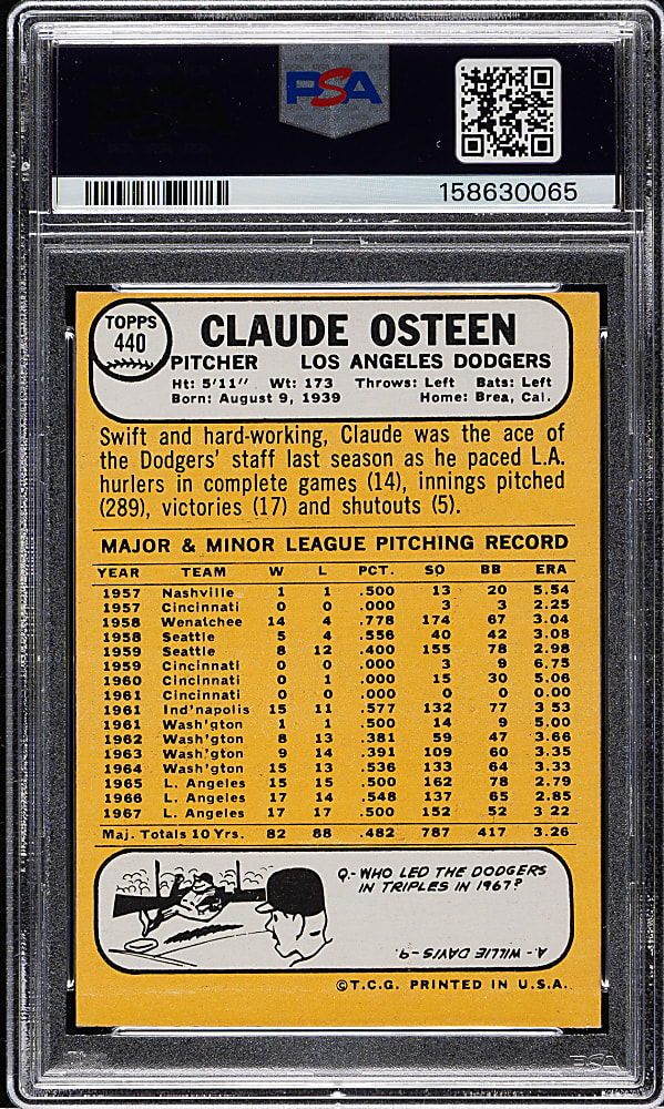 1968 Topps #440 Claude Osteen PSA EX-MT 6