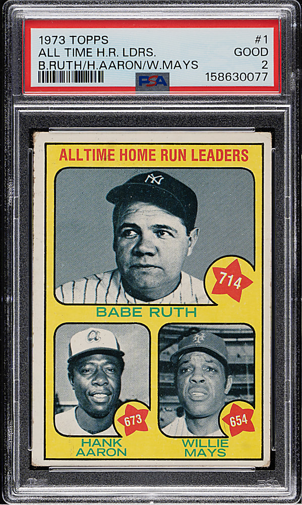 1973 Topps #1 All Time Home Run Leaders with Hank Aaron, Willie Mays, and Babe Ruth PSA GOOD 2