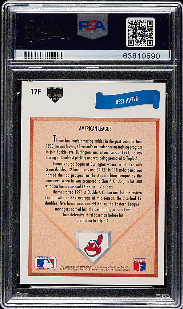 1991 Upper Deck Final Edition #17F Jim Thome Rookie PSA GEM MINT 10