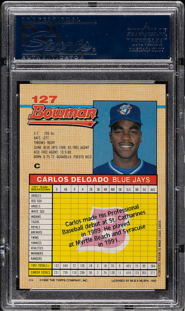 1992 Bowman #127 Carlos Delgado Rookie PSA GEM MINT 10