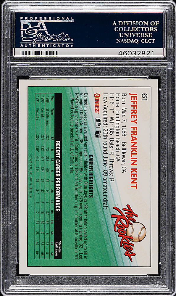 1992 Donruss Rookies #61 Jeff Kent Rookie PSA GEM MINT 10
