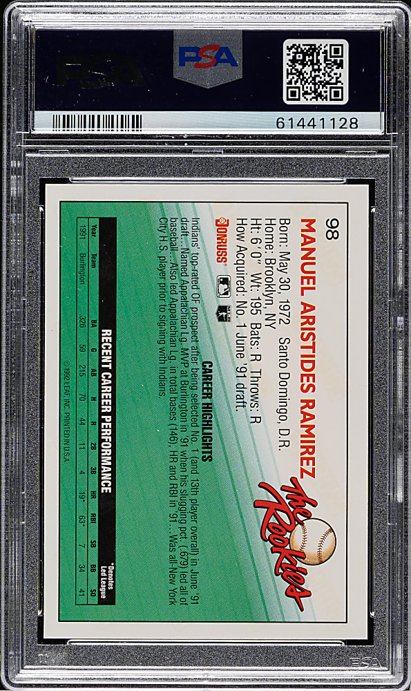 1992 Donruss Rookies #98 Manny Ramirez Rookie PSA GEM MINT 10