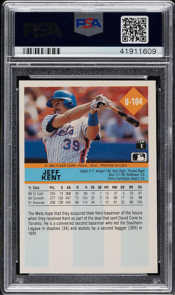 1992 Fleer Update #U-104 Jeff Kent Rookie PSA GEM MINT 10