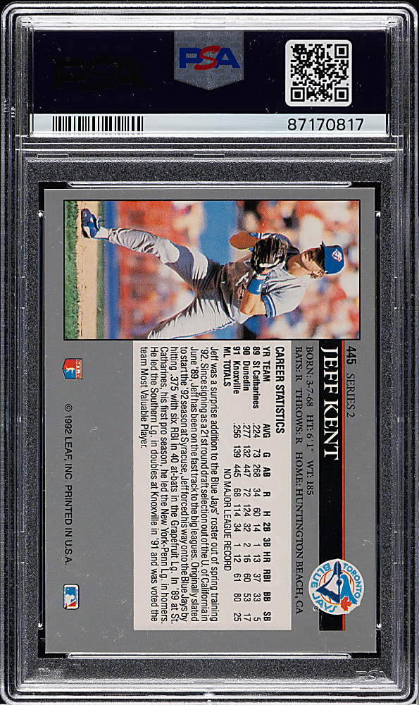 1992 Leaf #445 Jeff Kent Rookie PSA GEM MINT 10