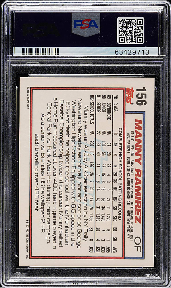 1992 Topps #156 Manny Ramirez Rookie PSA GEM MINT 10
