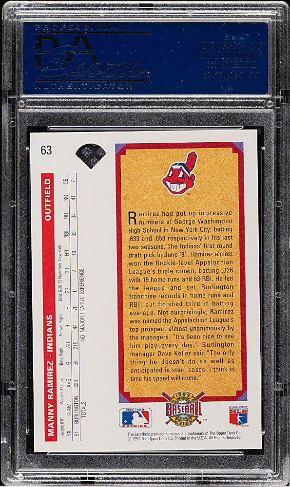 1992 Upper Deck #63 Manny Ramirez Rookie PSA GEM MINT 10