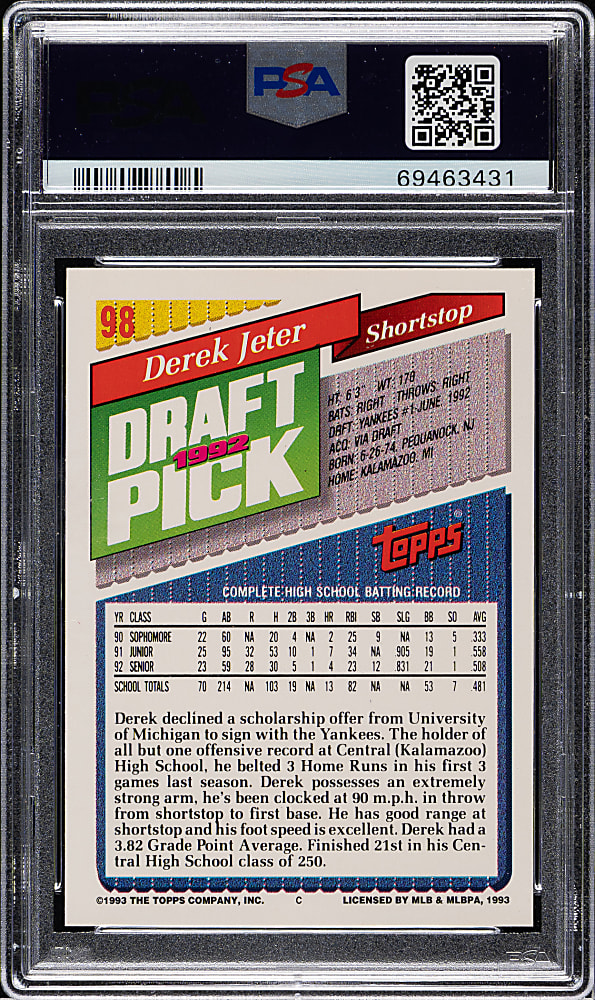 1993 Topps Gold #98 Derek Jeter Rookie PSA MINT 9