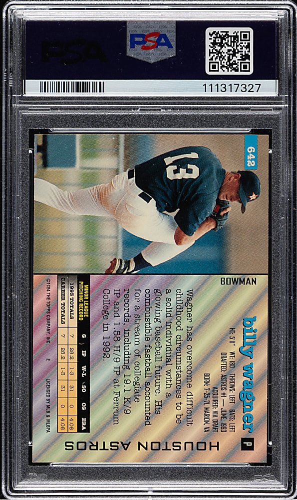 1994 Bowman #642 Billy Wagner Rookie PSA MINT 9