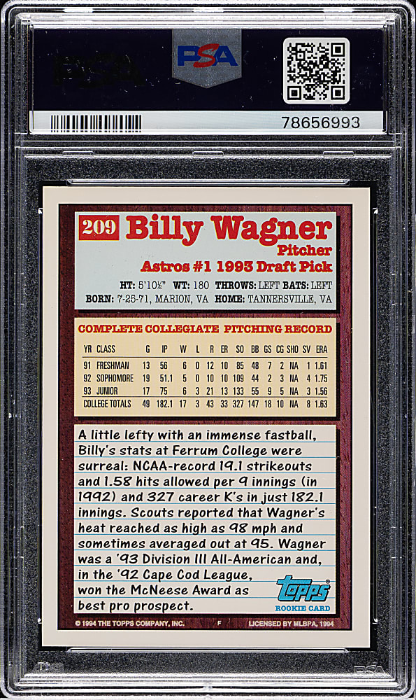 1994 Topps #209 Billy Wagner Rookie PSA GEM MINT 10