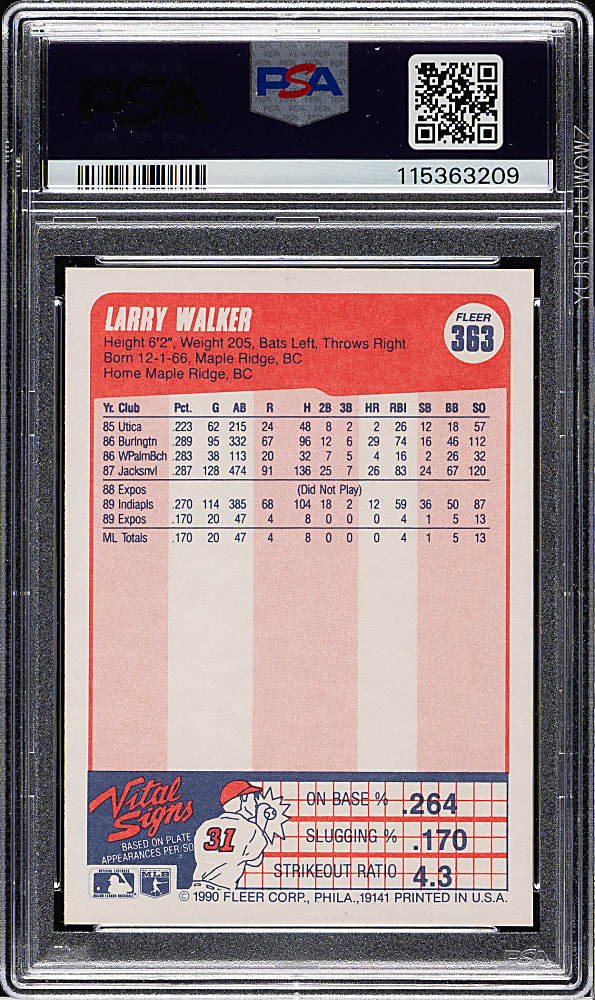1990 Fleer #363 Larry Walker Rookie PSA GEM MINT 10
