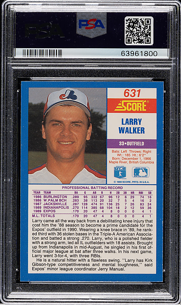 1990 Score #631 Larry Walker Rookie PSA GEM MINT 10