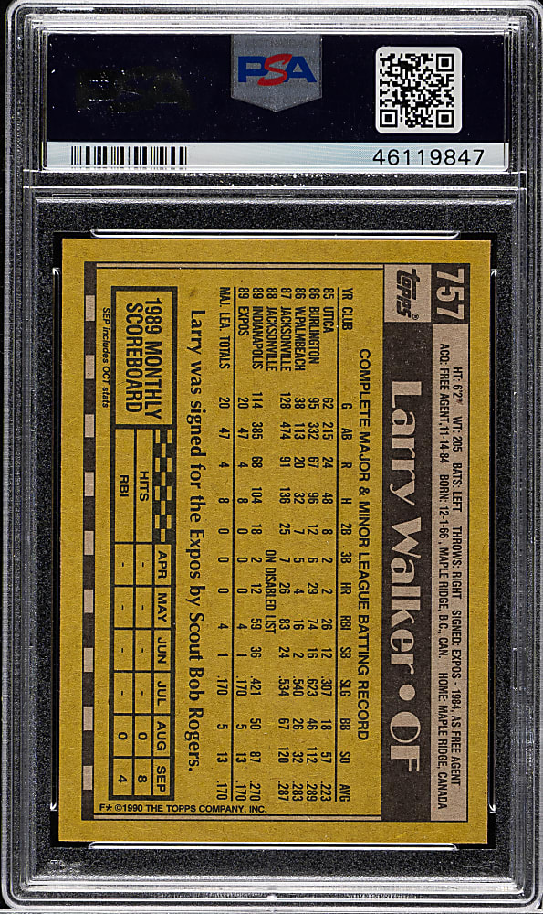 1990 Topps #757 Larry Walker Rookie PSA GEM MINT 10