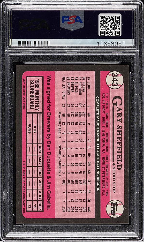 1989 Topps Tiffany #343 Gary Sheffield Rookie PSA GEM MINT 10