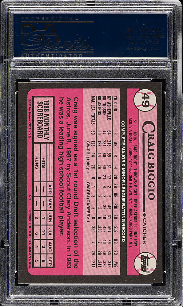 1989 Topps Tiffany #49 Craig Biggio Rookie PSA MINT 9