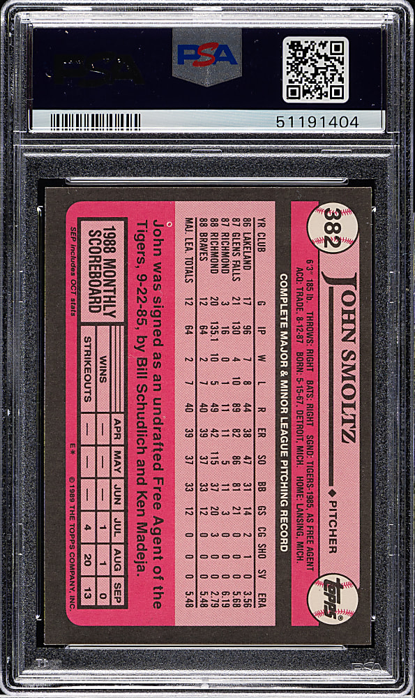 1989 Topps Tiffany #382 John Smoltz Rookie PSA MINT 9
