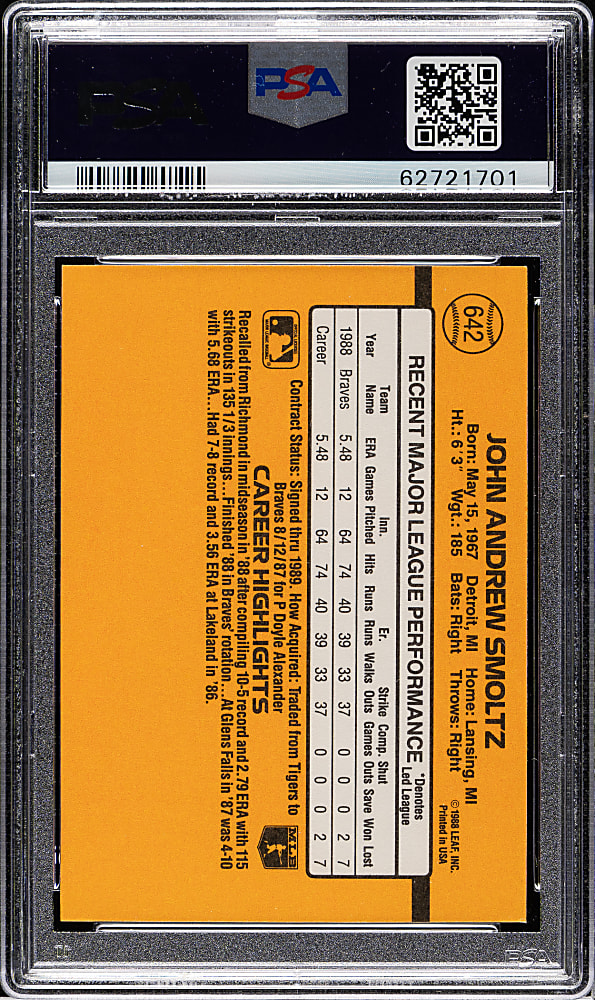 1989 Donruss #642 John Smoltz Rookie PSA GEM MINT 10