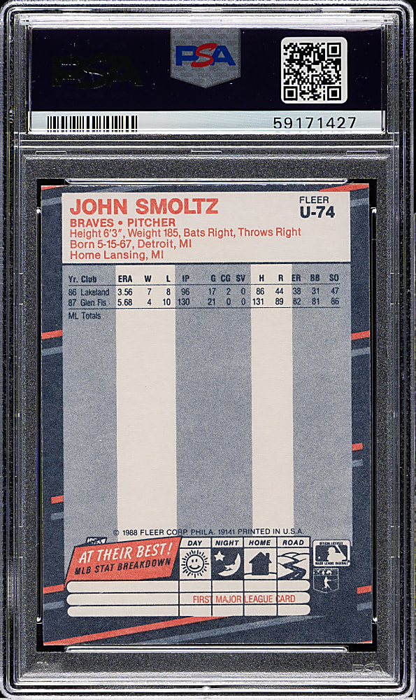 1988 Fleer Update #U-74 John Smoltz Rookie PSA GEM MINT 10