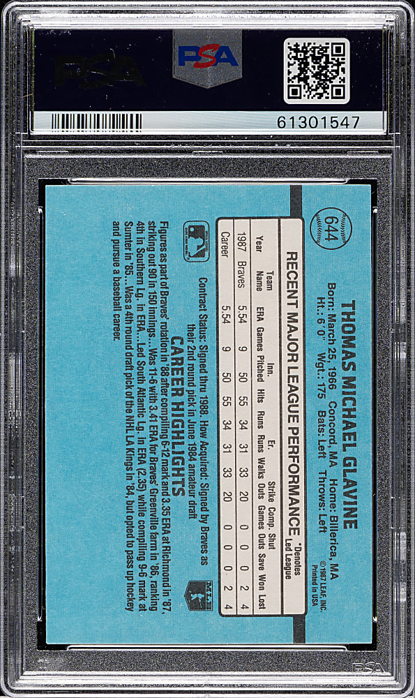1988 Donruss #644 Tom Glavine Rookie PSA GEM MINT 10