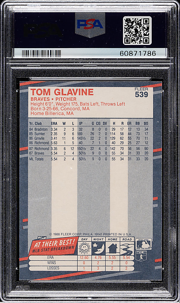 1988 Fleer #539 Tom Glavine Rookie PSA GEM MINT 10