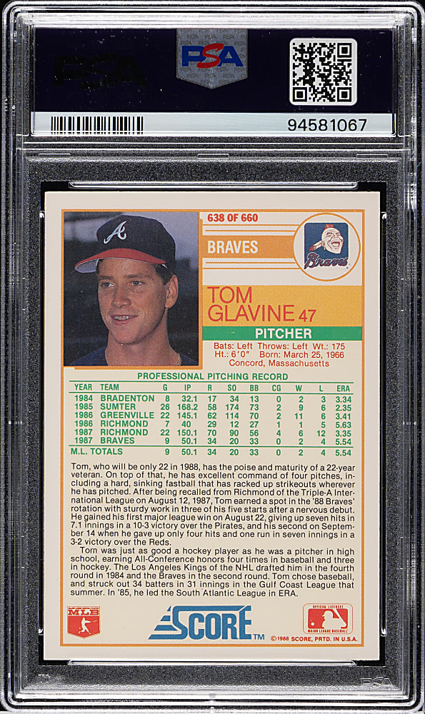 1988 Score Glossy #638 Tom Glavine Rookie PSA GEM MINT 10