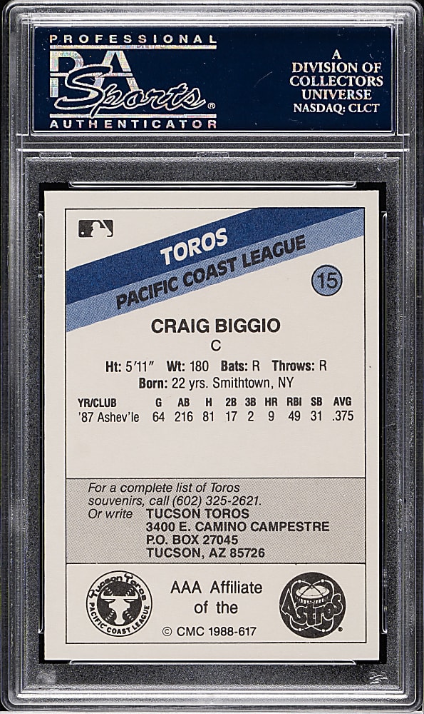 1988 CMC (TCMA) Tucson Toros #15 Craig Biggio Pre-Rookie PSA MINT 9