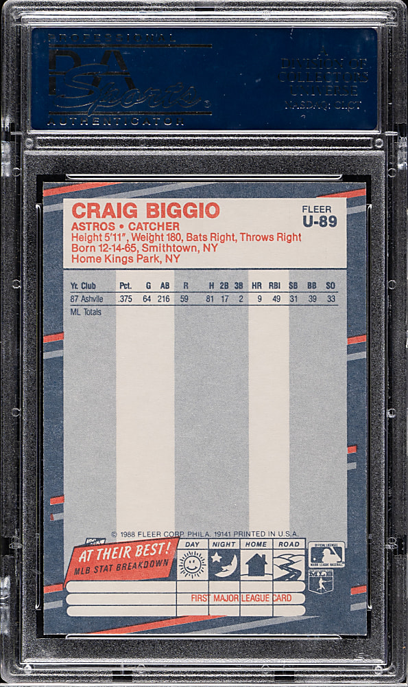 1988 Fleer Update Glossy #U-89 Craig Biggio Rookie PSA GEM MINT 10