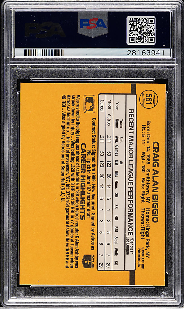 1989 Donruss #561 Craig Biggio Rookie PSA GEM MINT 10