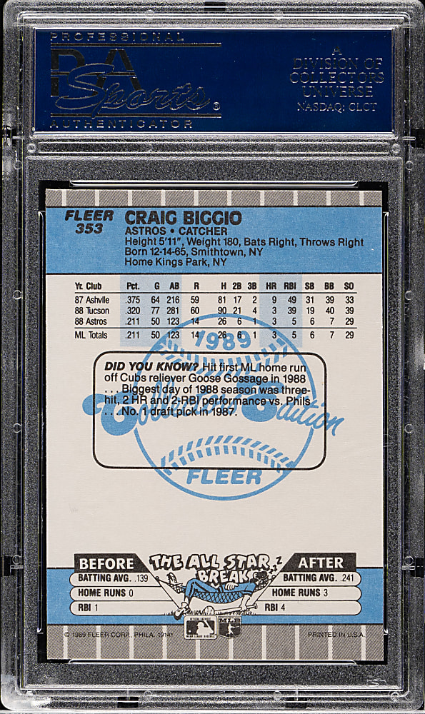 1989 Fleer Glossy #353 Craig Biggio Rookie PSA GEM MINT 10