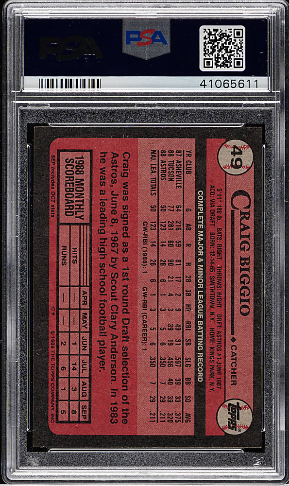 1989 Topps #49 Craig Biggio Rookie PSA GEM MINT 10