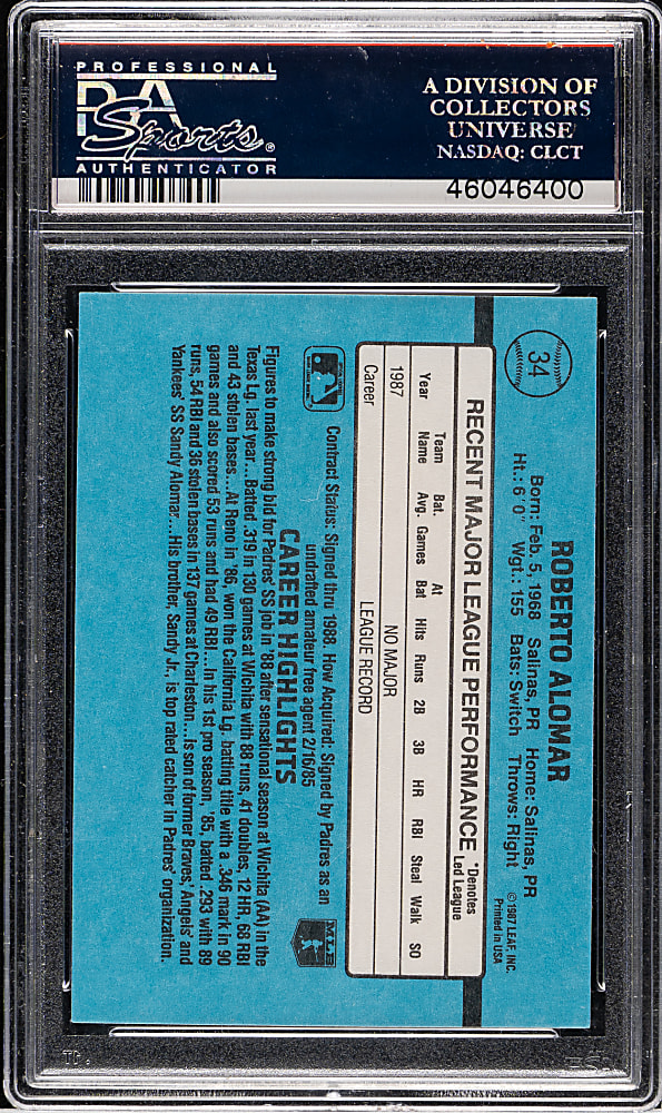 1988 Donruss #34 Roberto Alomar Rookie PSA GEM MINT 10
