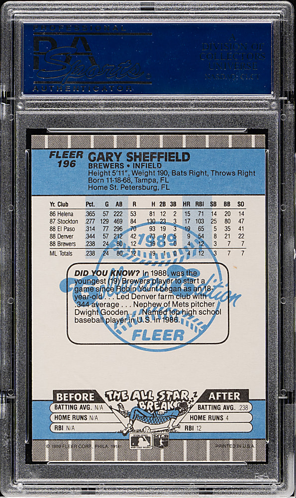 1989 Fleer Glossy #196 Gary Sheffield Rookie PSA GEM MINT 10
