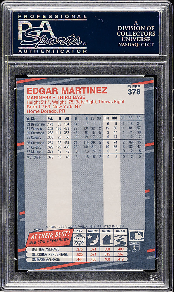 1988 Fleer #378 Edgar Martinez Rookie PSA GEM MINT 10