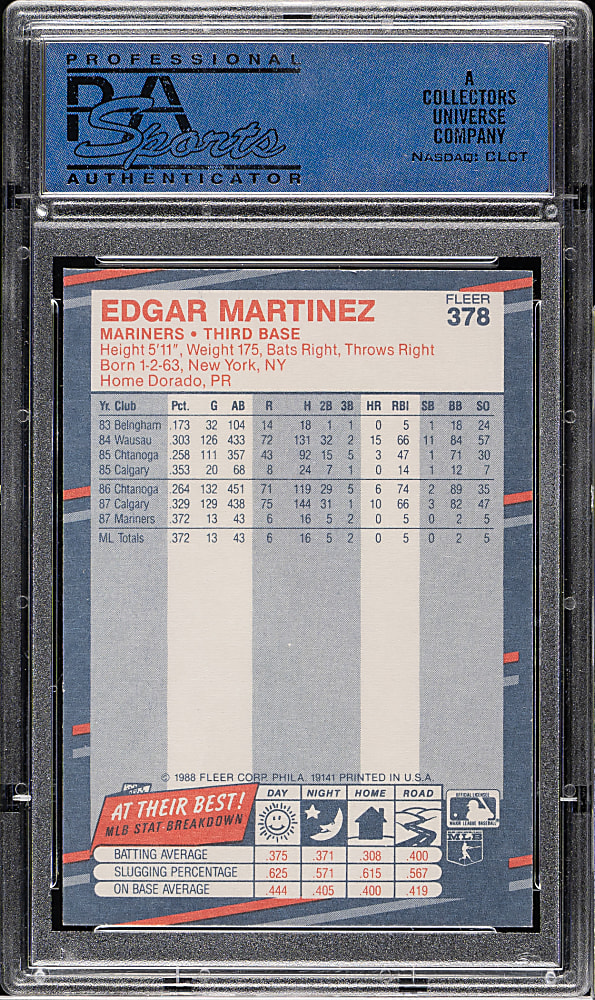 1988 Fleer Glossy #378 Edgar Martinez Rookie PSA GEM MINT 10
