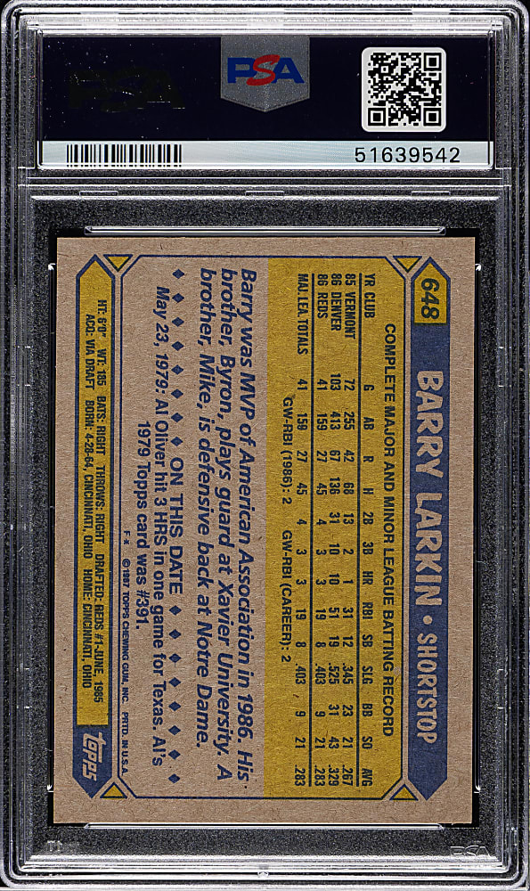 1987 Topps #648 Barry Larkin Rookie PSA GEM MINT 10