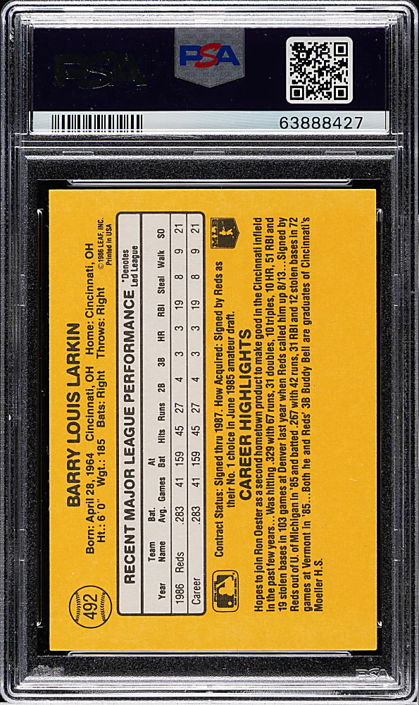 1987 Donruss #492 Barry Larkin Rookie PSA GEM MINT 10