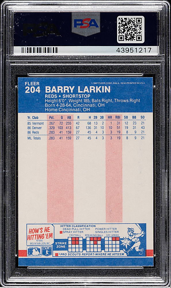 1987 Fleer #204 Barry Larkin Rookie PSA GEM MINT 10