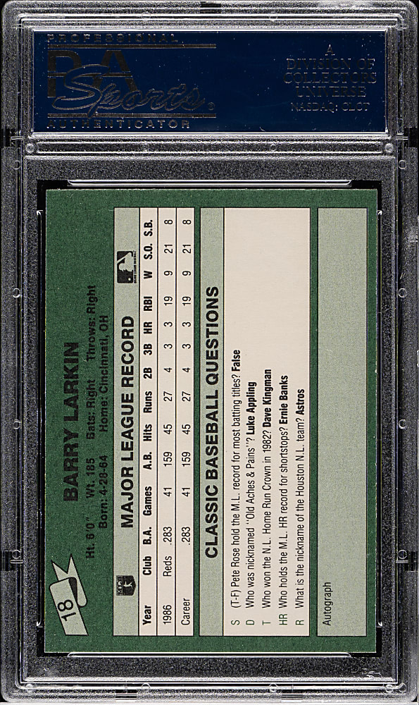 1987 Classic MLB Game #18 Barry Larkin Rookie PSA MINT 9