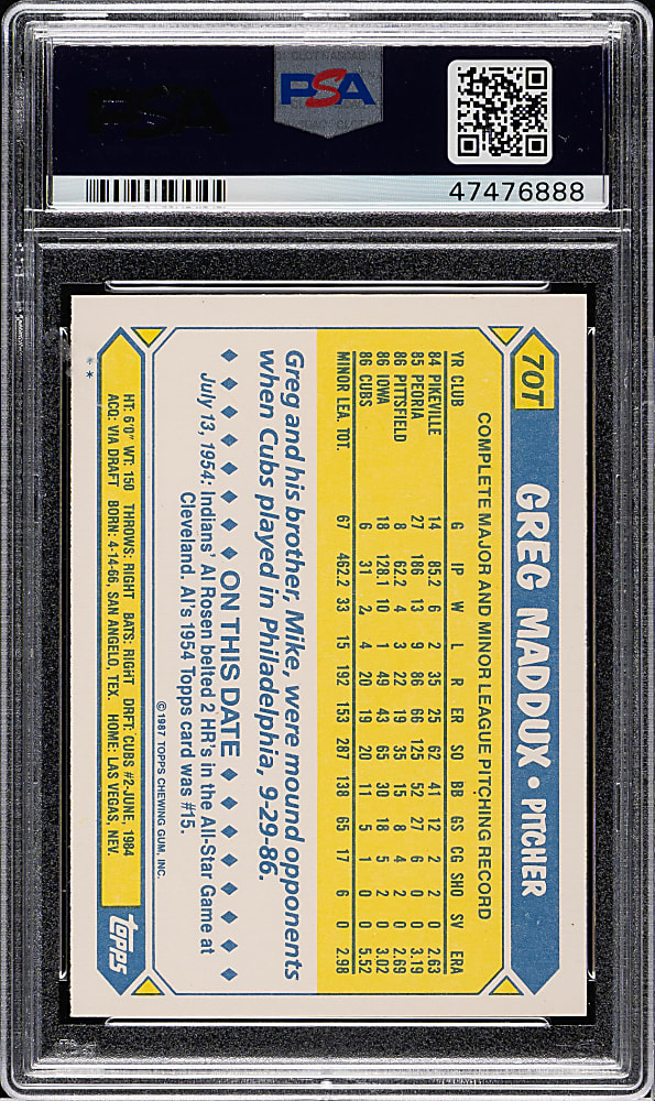 1987 Topps Traded #70T Greg Maddux Rookie PSA GEM MINT 10