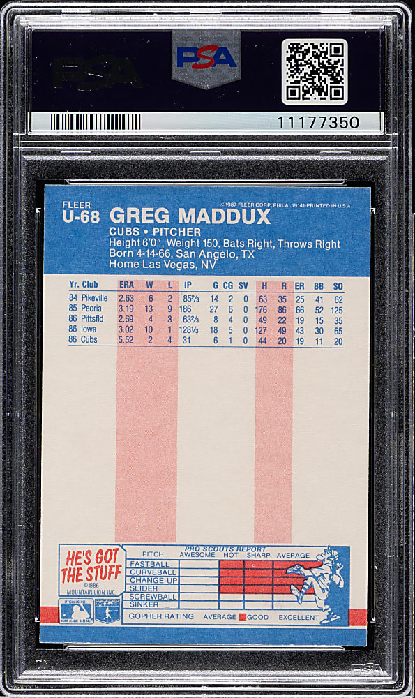 1987 Fleer Update Glossy #U-68 Greg Maddux Rookie PSA GEM MINT 10